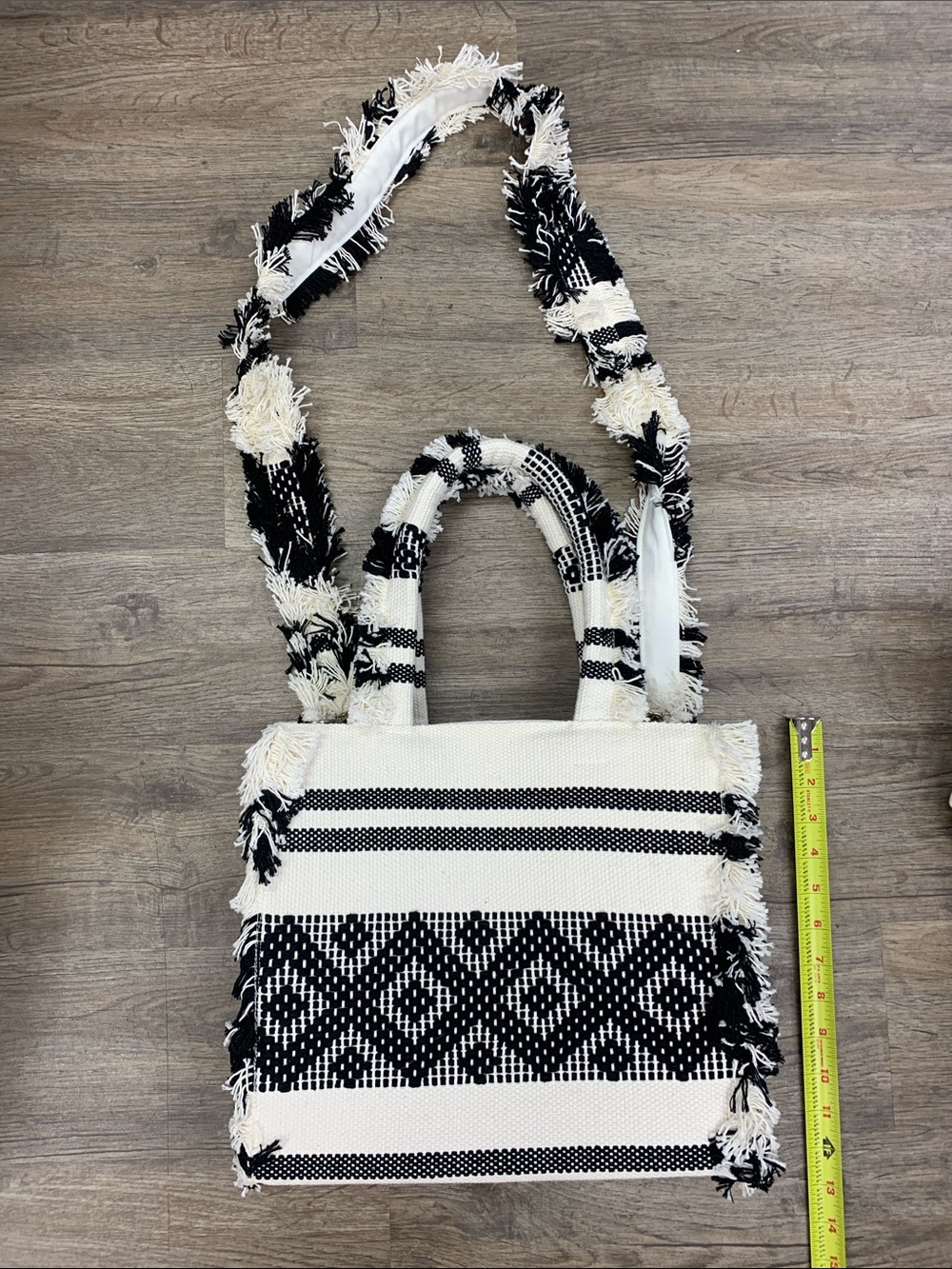 Black and White Woven Fringe Tote Bag with Shoulder Strap